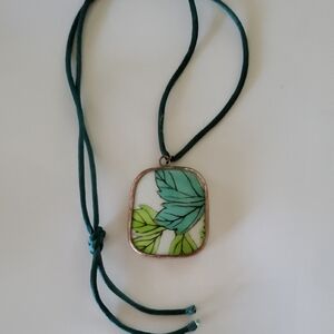 Chinese Porcelain Leaf Pendant with Green Cord